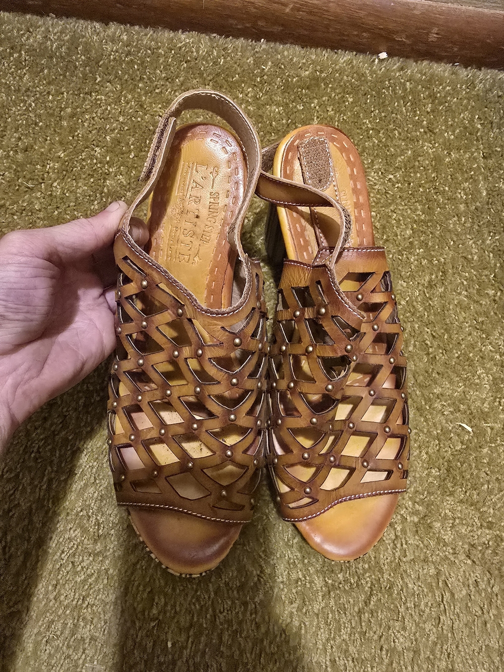 L'Artiste by Spring Step Tan Leather Caged Studded Gladiator Sandals